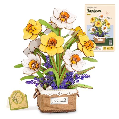 Rolife 3D Flower Wooden Puzzles-Daffodils Narcissus, DIY Flowers Model Kit Building Set Crafts for Adults, Botanical Collection Ideal Creative Birthday Gift, Artificial Flowerpot for Decor and Display