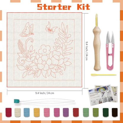 BEUNITONE 2 Sets Flower Punch Needle Kits Butterfly Beginner Punch Embroidery Kits with Frame Embroidery Starter Kits Punch Stitching Kit with Instruction for Wall Hanging Painting 9.4'' x 9.4'' - color: 07-Garland