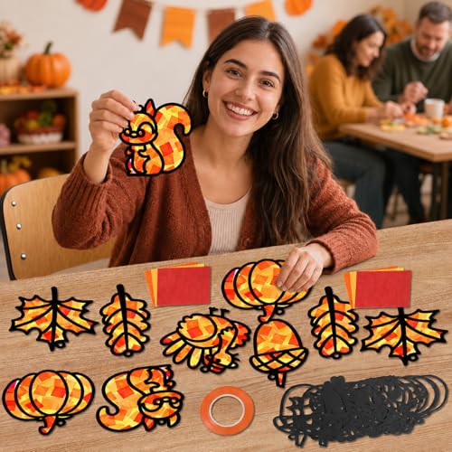 Qyeahkj 36 Set Fall Suncatchers Crafts for DIY Autumn Leaf Pumpkin Acorn Squirrel Window Tissue Paper Craft Kit Hanging Decor for Home Activity Art Project Birthday Party Favor Gift - style: Autumn