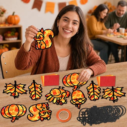 Qyeahkj 36 Set Fall Suncatchers Crafts for DIY Autumn Leaf Pumpkin Acorn Squirrel Window Tissue Paper Craft Kit Hanging Decor for Home Activity Art Project Birthday Party Favor Gift - style: Autumn