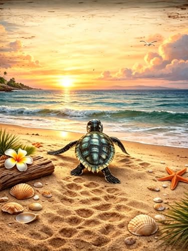 5D Sea Turtle Beach Sunset Diamond Art kits for Adults Beginners 12x16inch - color: KM1282-1