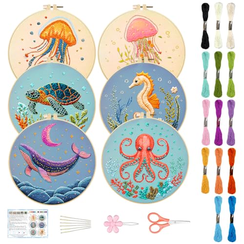 ACRNIGHEET 6PCS Embroidery Kit for Adults Beginners, Sea Animals Embroidery Starter Kit, Stamped Cross Stitch Kits for Crafts Lovers Gift Idea, Include Instructions 6 Stamped Embroidery Cloth 2 Hoop - style: Marine animal patterns -6pcs