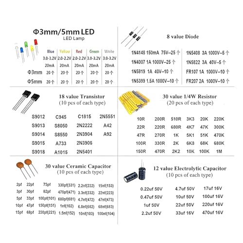1500 Pieces of 7-Value Electronic Component Kit, Transistor Ceramic Capacitors, Electrolytic Capacitors, Resistors, and Diodes Electronic Component Kit