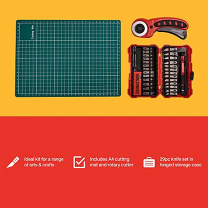 Amtech S0504 Hobby and Craft Set Rotary Cutter, Tweezer, A4 Cutting Mat, Sharpening Stone and 31pc Storage Case