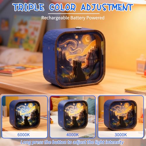 3D Wooden Puzzle Night Light DIY LED Art Lamp Kit for Adults Desk Decor Relaxing Craft Project Table Ornament and Unique Gift (Starry Cat) - style: Starry Cat