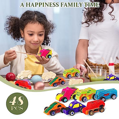 Lenwen 48 Pcs Wooden DIY Car Toys for Party Unfinished Wooden Cars, Wood Truck Wood Graffiti Toy Truck and Crafts DIY for Students Girls Boys Activities Craft Projects Woodworking (Cute) - style: Cute