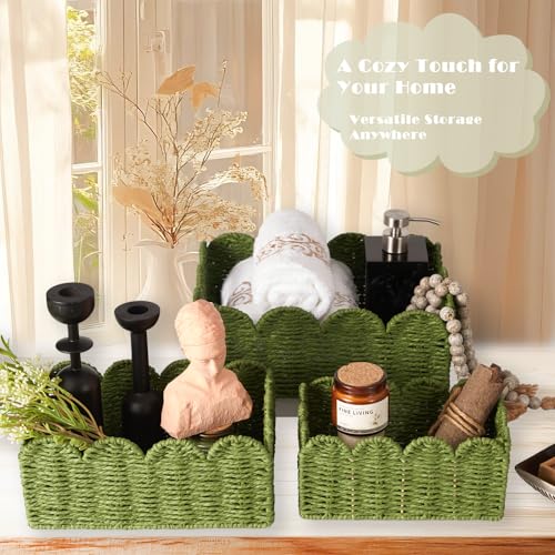 Scalloped Wicker Basket Set of 3, Hand-Woven Storage with Handles - color: Greem