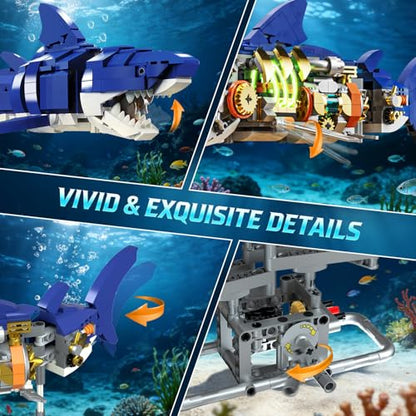 INSOON Mechanical Shark Building Set STEM Toy with LED Light for Boys 8-12+