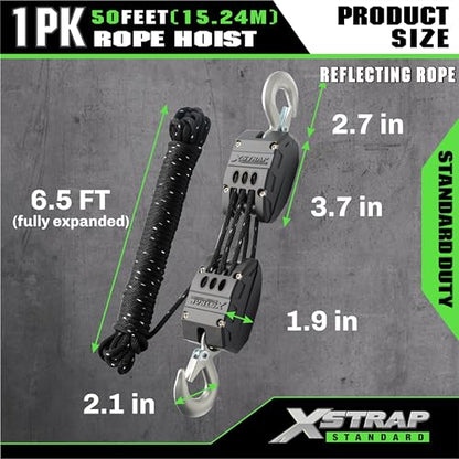 XSTRAP STANDARD 50FT Reflective Rope Hoist Pulley Block & Tackle 5:1 System - color: Reflective Black