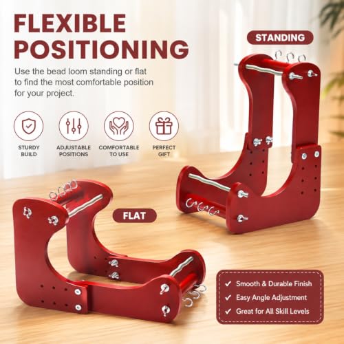 Adjustable Standing Bead Loom, Wood Beading Loom Kit with 4 Length Options, Ergonomic Angled Design, Work Area 7.5" to 10.5", Full Size 7" x 14" x 10", Includes Threader & Brush, for Jewelry & Crafts