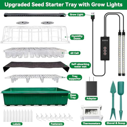 Seed Starter Tray with Grow Light,60-Cell Seedling Starter Kit with 4.07'' Humidity Dome,Plant Germination Trays for Indoor Seeds Starting,Magnetic Hygrometer & Locking Fasteners - color: 1 Pack 60cell Green