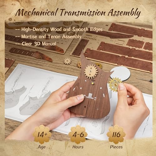 FUNPOLA LED 3D Wooden Puzzle Chords Guitar Kit, Acoustic Guitar Puzzle Model with LED Lights, DIY Mechanical Music Craft for Adults