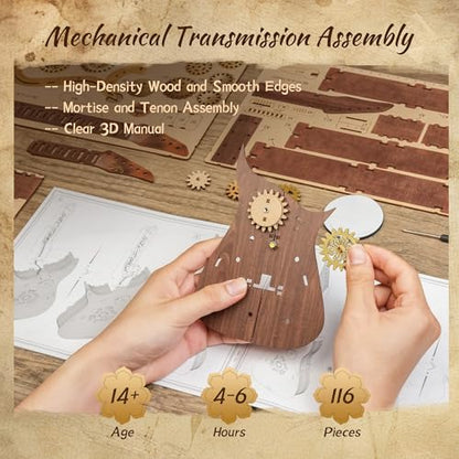 FUNPOLA LED 3D Wooden Puzzle Chords Guitar Kit, Acoustic Guitar Puzzle Model with LED Lights, DIY Mechanical Music Craft for Adults