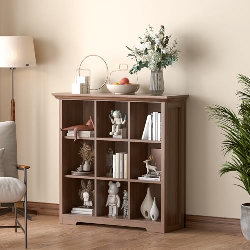 OSCHF 9-Cube Open Bookcase with Base, 3-Tier Wooden Bookshelf, Walnut - color: Walnut, size: 9-Cube