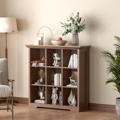 OSCHF 9-Cube Open Bookcase with Base, 3-Tier Wooden Bookshelf, Walnut - color: Walnut, size: 9-Cube