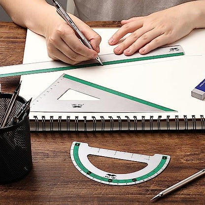 Mr. Pen- Metal Geometry Kit, 4 Pack, 45° & 30°/60° Set Squares - color: Green Stripes