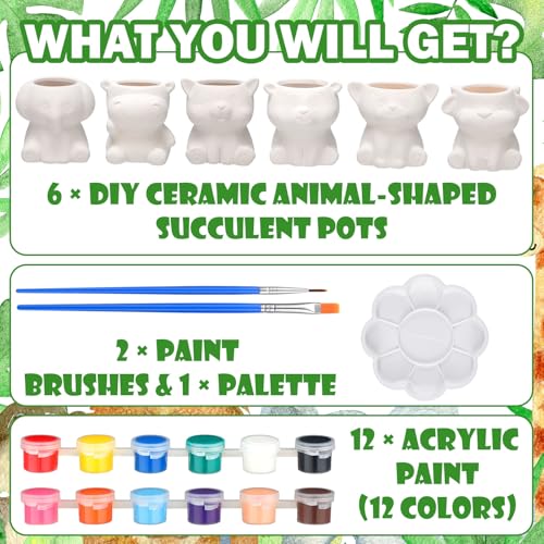 Beeveer 6 Sets Paint Your Own Ceramic Animal Succulent Planters Paintable Animal Ceramic Small DIY Figurines Unpainted Succulent Pots with Drainage Hole for Adults - style: Lovely Animal