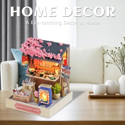 Kisoy Dollhouse Miniature with Furniture Kit, DIY 3D Wooden DIY House Kit with Dust Cover, Handmade Tiny House Toys for Teens Adults Gift (Sakura Noodles Shop) - color: Sakura Noodles Shop