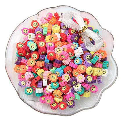 100pcs Mixed Polymer Clay Spacer Beads for Women Jewelry Making DIY Bracelet Necklace Hair Clip Accessories (Smile Face Flower) - color: Colorful Flower Face