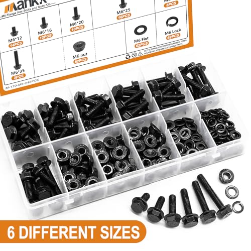 mankk 248PCS Metric Flange Hex Bolts and Nuts Kit M6x1.0 Bolt (12mm to 35mm) Grade 10.9 Black Alloy Steel Class Hex Bolts and Nuts Washers Kit for Automotive - size: 248PCS M6, style: Flange Bolt