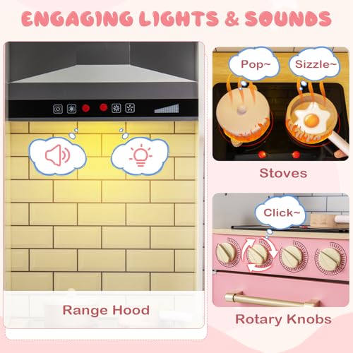 Costzon Kids Kitchen Playset, Wooden Pretend Play Kitchen with BBQ Grill, Ice Maker, Range Hood, Blackboard & Cooking Accessories, Toy Kitchen Set with Lights & Sounds, Gift for Toddlers Ages 3+ - color: Pink
