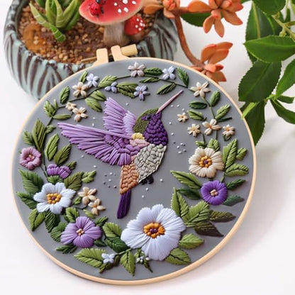 Needlework Embroidery Kit with Hoop,Flower Hummingbird Pattern Handmade Cross Stitch Sewing Art Craft Kit with Stamped Design Cotton,Threads,Needles for Beginners - color: Hummingbird Flower