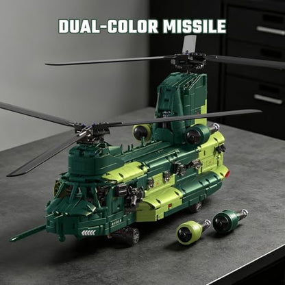 Powered Military Helicopter Building Blocks Set – 1521PCS Army Aircraft Bricks Model with Motor-Driven Rotors, Power Module & Mechanical Gear System – STEM Engineering Toy for Boys, Teens & Adults - color: Green Auto