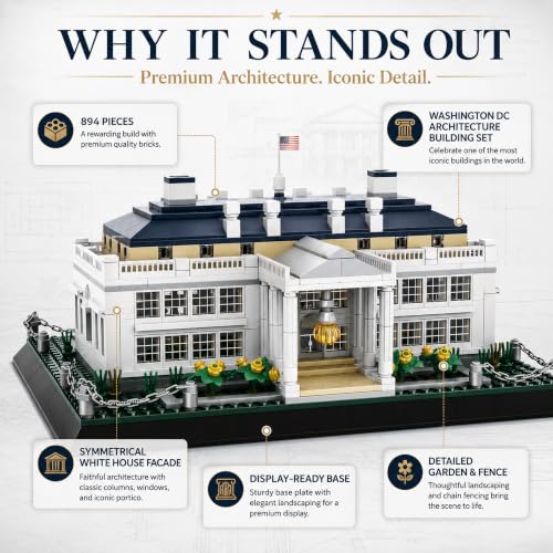 White House Architecture Building Blocks Set 894 PCS Washington D.C. Landmark Model Kit for Adults Teens United States Capitol Souvenir Gift Educational Construction Toy for Home Office Decor - style: White House