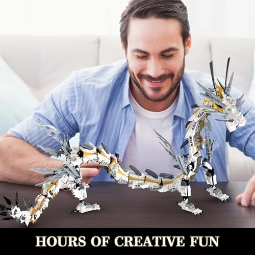HIGH GODO Dragon Building Blocks Sets for Adults, White Mechanical Dragon Animal Building Model Collectible Display Toys, Cool Creative Gifts for Teens Fans (1485 Pieces) - style: White Hurricane Dragon