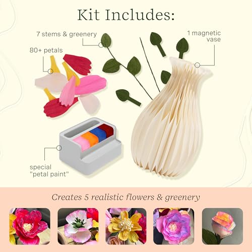 Lifelines FlowCrafts, Paper Flower Bouquet - Create a 5-Flower Bouquet with 80+ Petals, 2 Leafy Sprigs & Elegant Vase - Sensory Arts & Crafts Kit for Teens & Adults - Paper Decorations - style: Paper Flower Bouquet