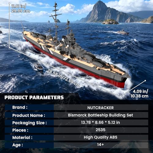 NUTCRACKER Military Building Blocks Set for Adults, 2535 Pcs WWII German Bismarck Battleship Model Kit, 60015 Warship Building Bricks Kit, Collectible Display Gift for Military Enthusiasts