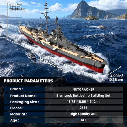 NUTCRACKER Military Building Blocks Set for Adults, 2535 Pcs WWII German Bismarck Battleship Model Kit, 60015 Warship Building Bricks Kit, Collectible Display Gift for Military Enthusiasts