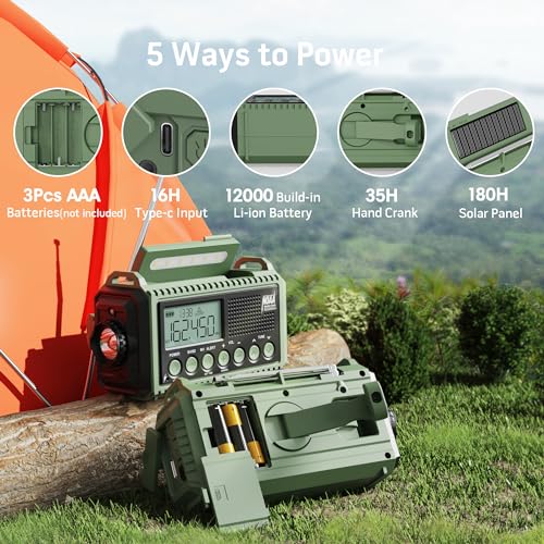 12000mAh Emergency Weather Radio with AM/FM/NOAA/SW, SOS Battery Operated - color: Army Green