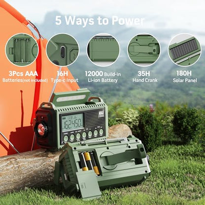 12000mAh Emergency Weather Radio with AM/FM/NOAA/SW, SOS Battery Operated - color: Army Green