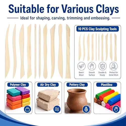 Ferrochef 10 Set 100 Pcs Clay Tools, Beech Sculpting Tools, Classic Style - color: Classic Style, size: Beech