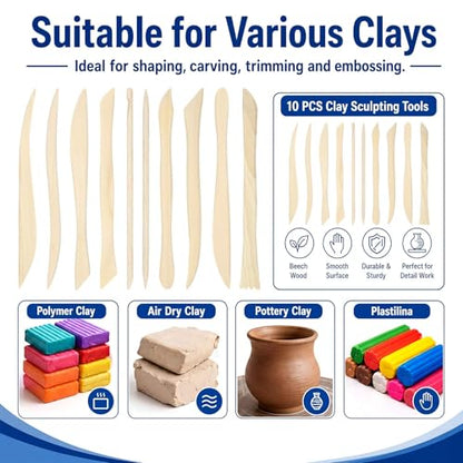 Ferrochef 10 Set 100 Pcs Clay Tools, Beech Sculpting Tools, Classic Style - color: Classic Style, size: Beech