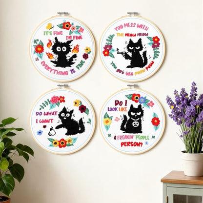 Rivvlive 4 Sets Cat Embroidery Kit with Hoop, Needlepoint Crafts Set - style: Cat