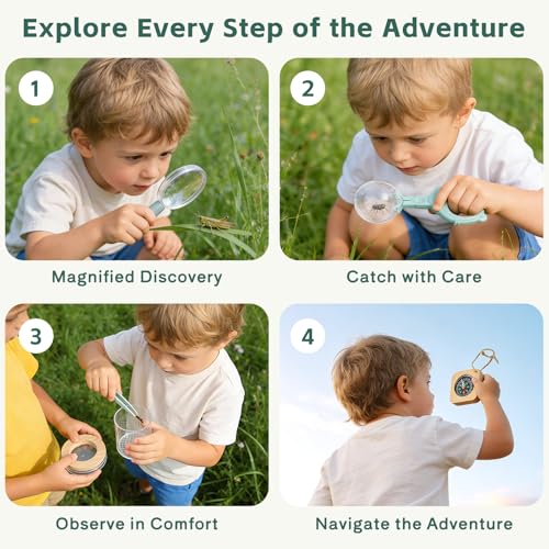 Bug Catcher for Kids Explorer Kit with Insect Observation Cage,Butterfly Net,Magnifying Glass,Compass,Kids Adventure Kit for Backyard & Camping,Outdoor Educational Toy Gift for Girls Boys