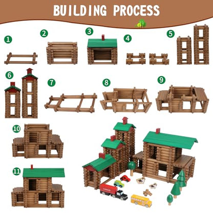 Wondertoys 456Pcs Big Villa Wooden Log Set Real Wood Logs Classic Building Log Ages 3+ Best Retro Building Gift Set Creative Construction Engineering Educational Gifts - style: 456PCS Luxury Villas