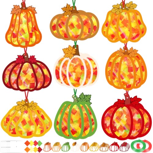 Renbuzhu 48PCS Fall Crafts Bulk: Pumpkin Paper Suncatchers DIY Kit for Autumn Thanksgiving Activities Decorations, Window Stained Glass Effect Art Supplies - style: pumpkin
