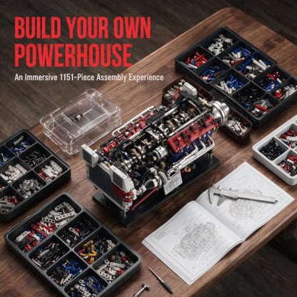 V8 Engine Model Kit, 1151 Pieces, Hand Crank, Transparent Case