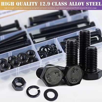 224 PCS Metric M6 M8 M10 Heavy Duty Hex Cap Bolts and Nuts Flat & Lock Washers Assortment Kit, 12.9 Grade Alloy Steel Metric Fully Thread Hexagon Allen Machine Bolt, 8 Most Common Sizes, DIN 933 - style: black-M6 M8 M10 Hex Bolts