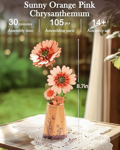 rowood 3D Puzzles for Adults,Mother's Day DIY Wooden Flower Building Set Craft Kits,Botanical Collection Home Decor, Teacher's Day/Christmas/Birthday Gift- Orange Gerbera Daisy - style: Orange Gerbera Daisy