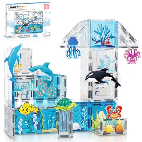 PicassoTiles 52 PCS Magnetic Tiles Ocean Animal STEM Set 8 Figures Ages 3+ - color: Marine Animal Set With 8 Action Figures