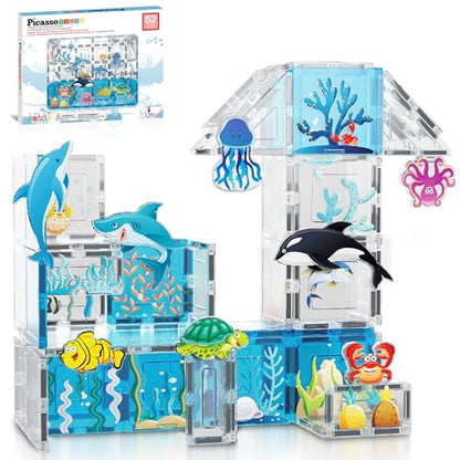 PicassoTiles 52 PCS Magnetic Tiles Ocean Animal STEM Set 8 Figures Ages 3+ - color: Marine Animal Set With 8 Action Figures