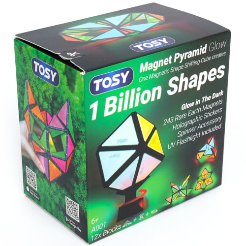TOSY Magnet Pyramid Glow - 1 Cube Transforms into 1 Billion Shapes, 12 Pieces, 243 Rare Earth Magnets, Glowing, Holographic Design Magnet Tiles Creative Puzzle STEM/STEAM Toy - color: Glow (Set of 1)