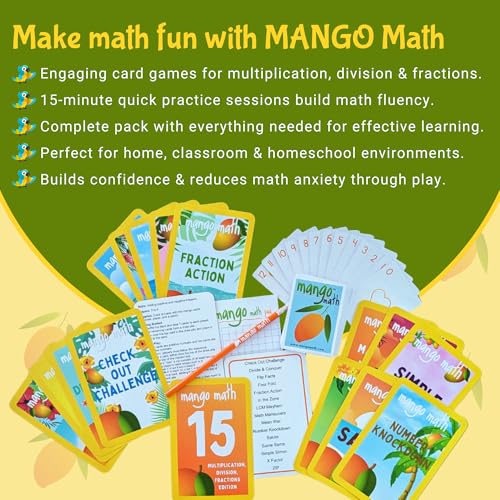 MANGO Math 15® - Math Flash Cards - Educational Math Games for Kids - Multiplication, Division, Fractions Learning Kit -2nd 3rd 4th Grades - Kids 6-12 - Set of 15 Games - English Version - size: English Version, style: Multiplication Division