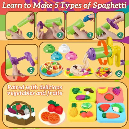 31 Pcs Dough Tools, Dough Play Tools Set + Kitchen Spaghetti Maker Machine Clay and Dough Accessories with Rolling Pins, Clay Cutters, Safety Scissors, 3D Dino & Animal & Fruit Molds