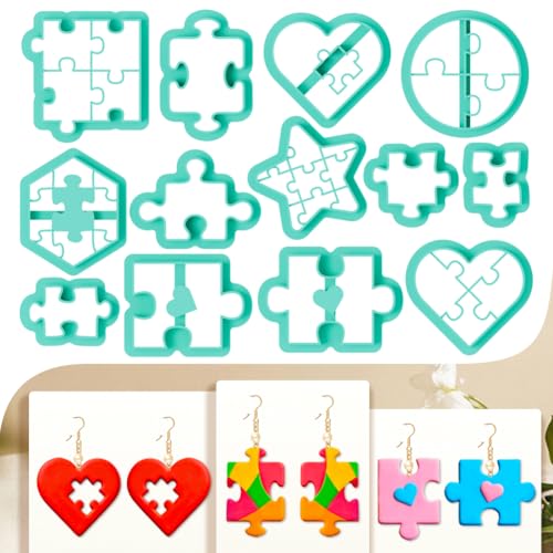 13Pcs Puzzle Piece Polymer Clay Cutters Heart Polymer Cutter for Clay Earrings Making Festival Jewelry DIY - color: Jigsaw Puzzle