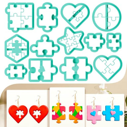 13Pcs Puzzle Piece Polymer Clay Cutters Heart Polymer Cutter for Clay Earrings Making Festival Jewelry DIY - color: Jigsaw Puzzle